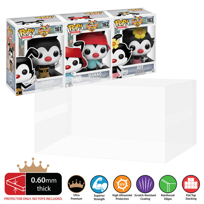animaniacs 3 pops side by side best funko pop protectors thick strong uv scratch flat top stack vinyl display geek plastic shield vaulted eco armor fits collect protect display case kollector protector