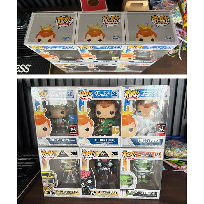3 pops side by side best funko pop protectors thick strong uv scratch flat top stack vinyl display geek plastic shield vaulted eco armor fits collect protect display case kollector protector