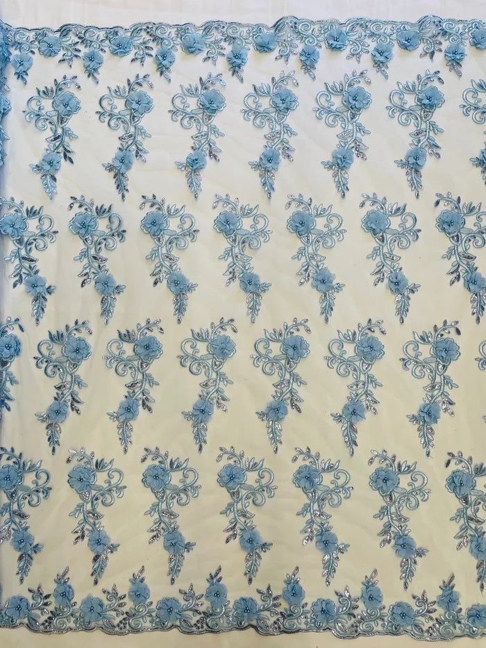 3D Floral Cluster with Border Lace - Baby Blue - Flower with Leaves Design 3D Fabrics Sold By Yard