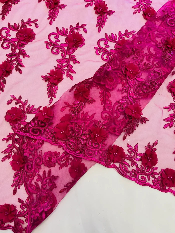 3D Floral Cluster with Border Lace - Fuchsia - Flower with Leaves Design 3D Fabrics Sold By Yard