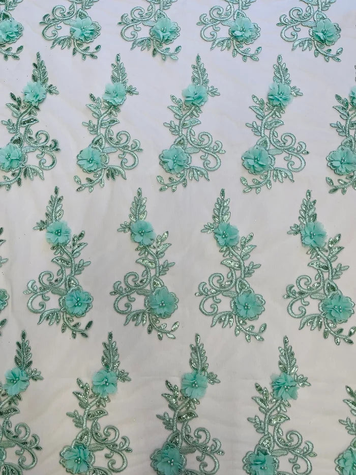 3D Floral Cluster with Border Lace - Mint - Flower with Leaves Design 3D Fabrics Sold By Yard