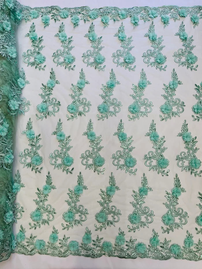 3D Floral Cluster with Border Lace - Mint - Flower with Leaves Design 3D Fabrics Sold By Yard