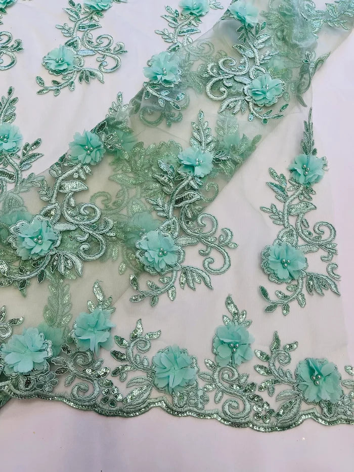 3D Floral Cluster with Border Lace - Mint - Flower with Leaves Design 3D Fabrics Sold By Yard