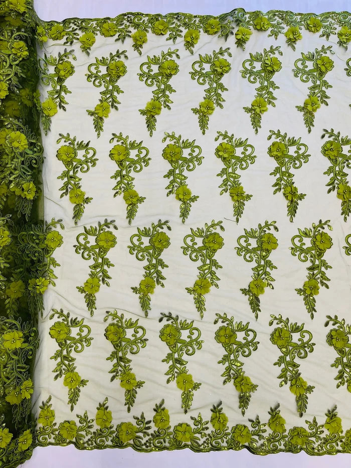 3D Floral Cluster with Border Lace - Olive Green - Flower with Leaves Design 3D Fabrics Sold By Yard