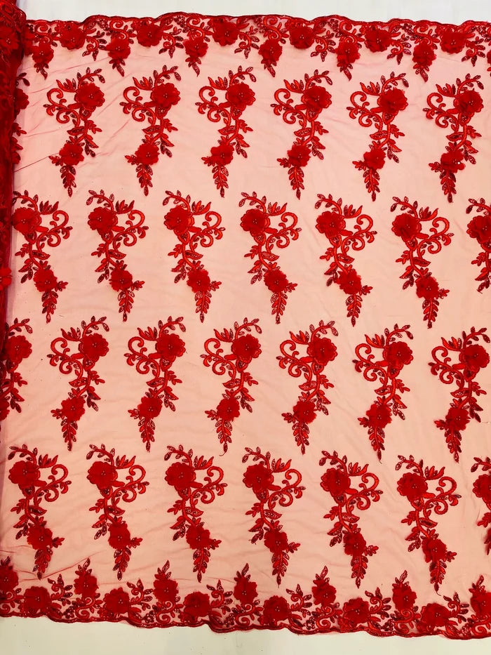 3D Floral Cluster with Border Lace - Red - Flower with Leaves Design 3D Fabrics Sold By Yard