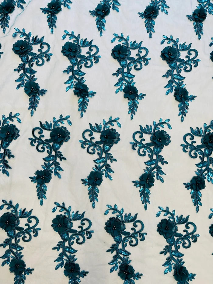 3D Floral Cluster with Border Lace - Teal - Flower with Leaves Design 3D Fabrics Sold By Yard