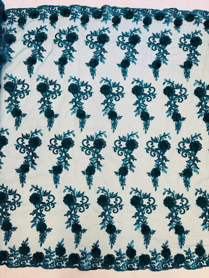 3D Floral Cluster with Border Lace - Teal - Flower with Leaves Design 3D Fabrics Sold By Yard