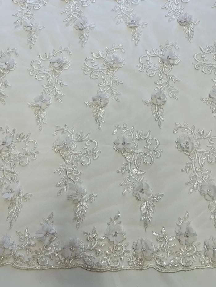 3D Floral Cluster with Border Lace - White - Flower with Leaves Design 3D Fabrics Sold By Yard
