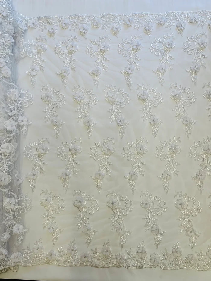 3D Floral Cluster with Border Lace - White - Flower with Leaves Design 3D Fabrics Sold By Yard