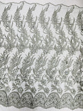 3D Floral Leaf Line Panels - Gray - 3D Embroidered Flower Lines with Pearls on Lace By Yard