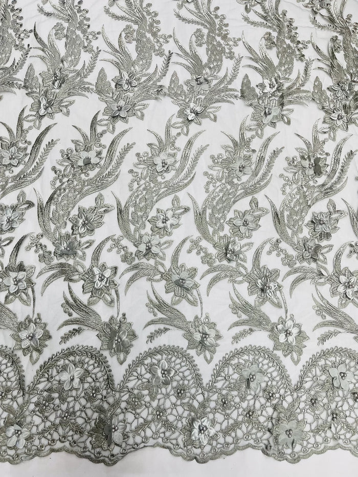 3D Floral Leaf Line Panels - Gray - 3D Embroidered Flower Lines with Pearls on Lace By Yard