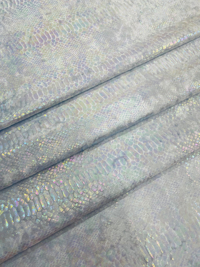 Baby Blue Iridescent Illusion Anaconda Foil Printed On Stretch Velvet - Sold By The Yard