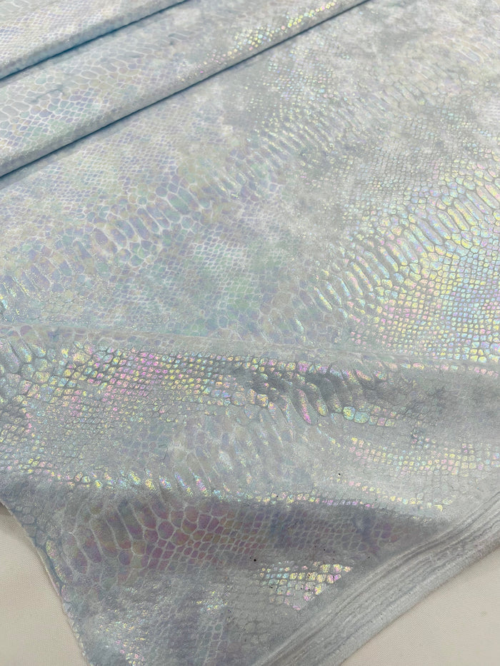 Baby Blue Iridescent Illusion Anaconda Foil Printed On Stretch Velvet - Sold By The Yard