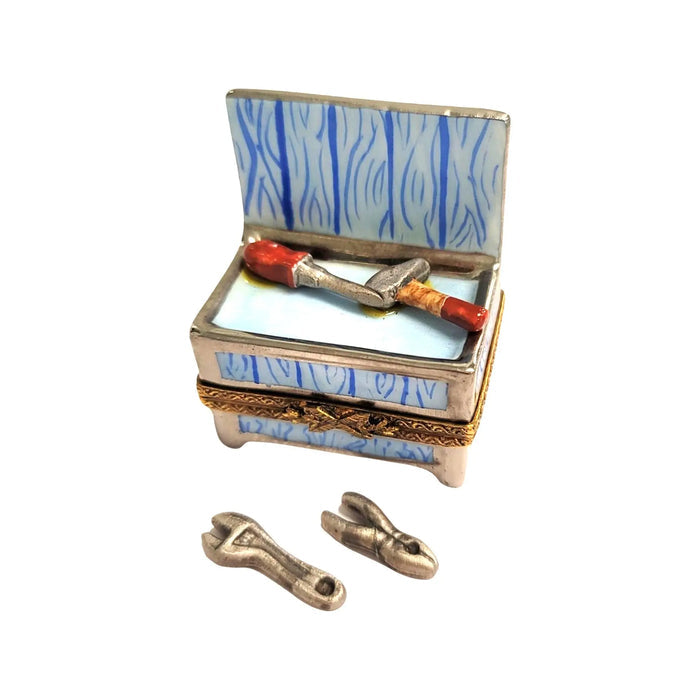 Blue Tool Bench Limoges box, hand-painted porcelain made in France