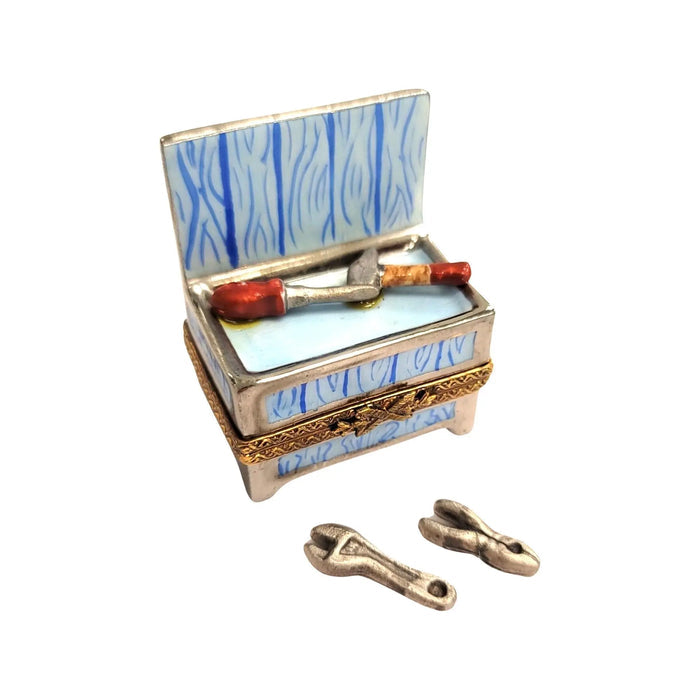 Blue Tool Bench porcelain box from Limoges, alternate view