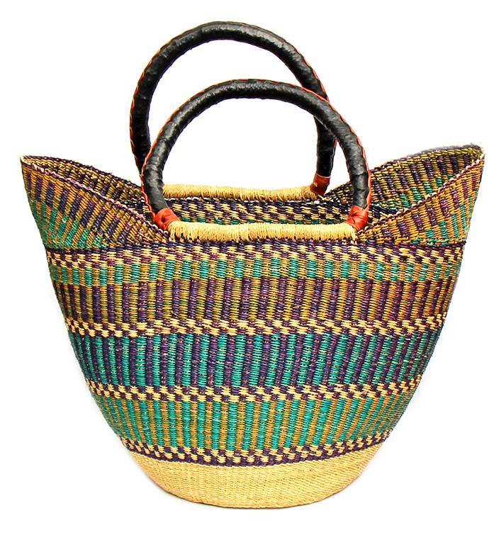 Bolga Tote, Mixed Colors with Leather Handle - 18-inch - TheHomeToGo