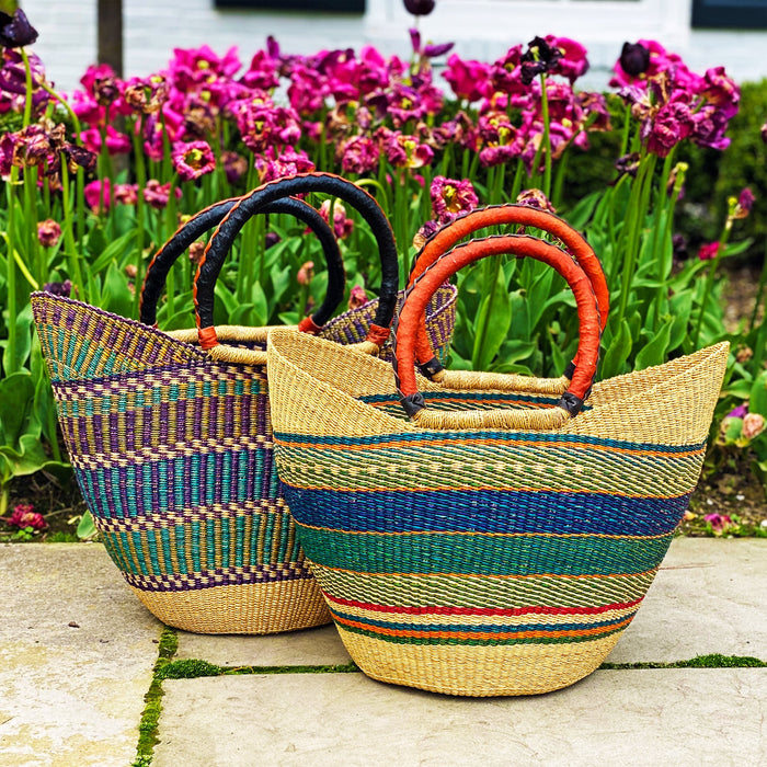 Bolga Tote, Mixed Colors with Leather Handle - 18-inch - TheHomeToGo