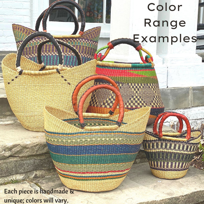 Bolga Tote, Mixed Colors with Leather Handle - 18-inch - TheHomeToGo