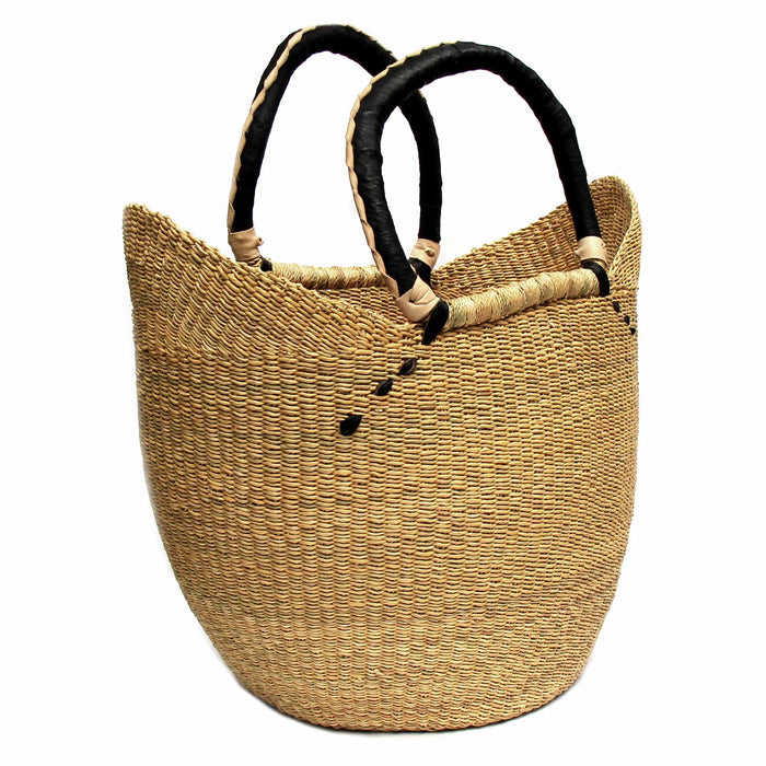 Bolga Tote, Natural with Black Accent and Leather Handle - 18-inch - TheHomeToGo