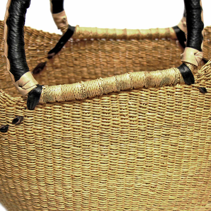 Bolga Tote, Natural with Black Accent and Leather Handle - 18-inch - TheHomeToGo