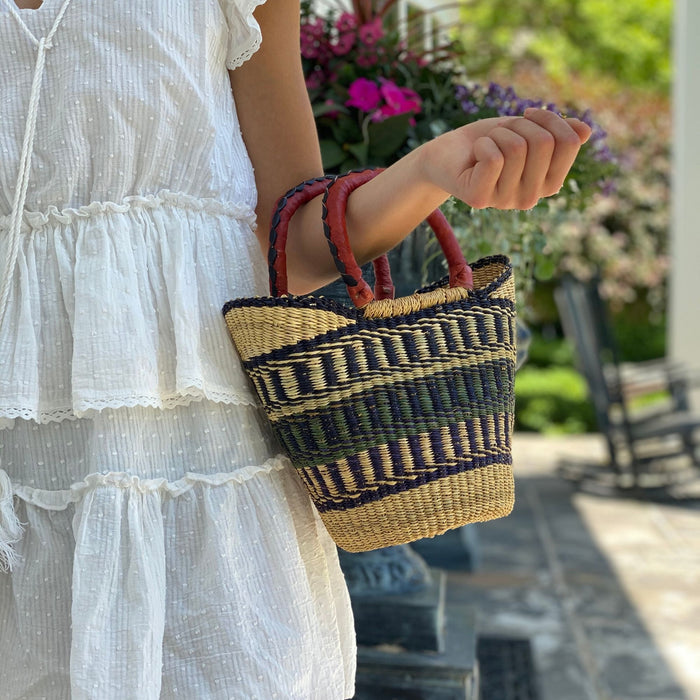 Bolga Tote, Neutrals with Leather Handle - 14-inch - TheHomeToGo