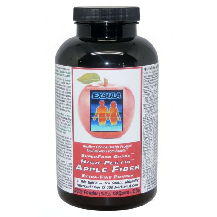Bottle of Exsula SuperFood Grade High-Pectin Apple Fiber Extra-Fine Powder for digestive health support.