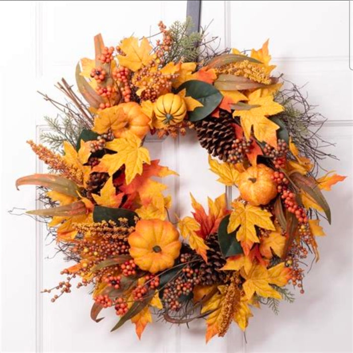 Celebrations 24 in. Unlit Fall Wreath – Pumpkins, Leaves & Berries