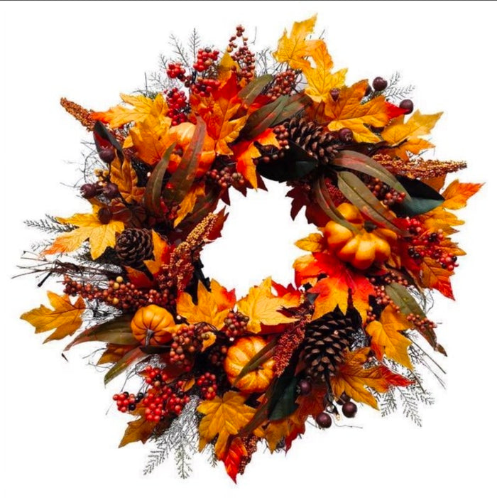 Celebrations 24 in. Unlit Fall Wreath – Pumpkins, Leaves & Berries