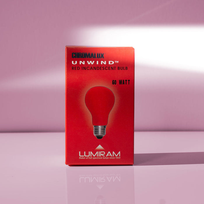 Chromalux Unwind Red Incandescent Light Bulb For Sleep in red packaging, showcasing a 60-watt bulb for better sleep.