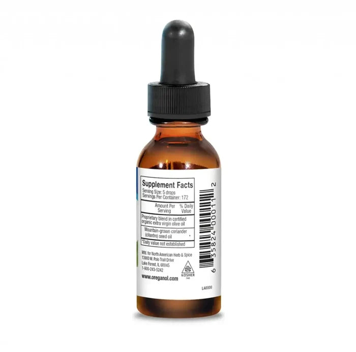 Mountain Grown Cilantro Oil supplement facts label on an amber glass dropper bottle.