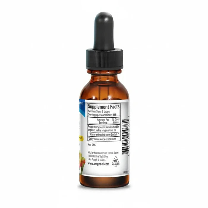 Clove Oil Drops for Oral Wellness - Supplement Facts label on a brown glass dropper bottle.