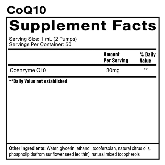 Supplement Facts for Liposomal Coenzyme Q10 showing serving size and ingredients.