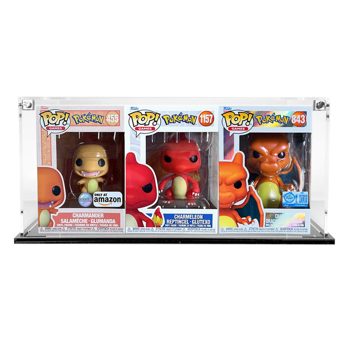 3 POPS SIDE BY SIDE - 3mm thick Custom Acrylic Display Case for Funko Pop Grail Boxes (6.25h x 13.5w x 3.5d) by Display Geek Flying Box 3mm thick dust and dirt protection - Charizard Charmelon Charmander