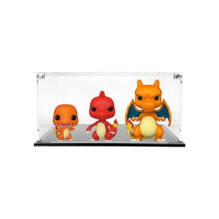 3 POPS SIDE BY SIDE - 3mm thick Custom Acrylic Display Case for Funko Pops Out of Box by Display Geek Flying Box 3mm thick dust and dirt protection - Charizard Charmelon Charmander