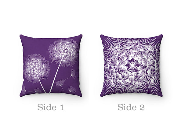 Image showing the two sides of the pillow. One side has two dandelions with falling buds. The other side shows a view of a dandelion with buds bursting from the center.