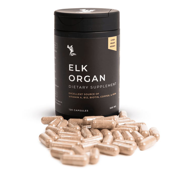 Freeze Dried Elk Liver Heart and Kidney Supplement in capsule form by Elk Organ with 120 capsules and black container.
