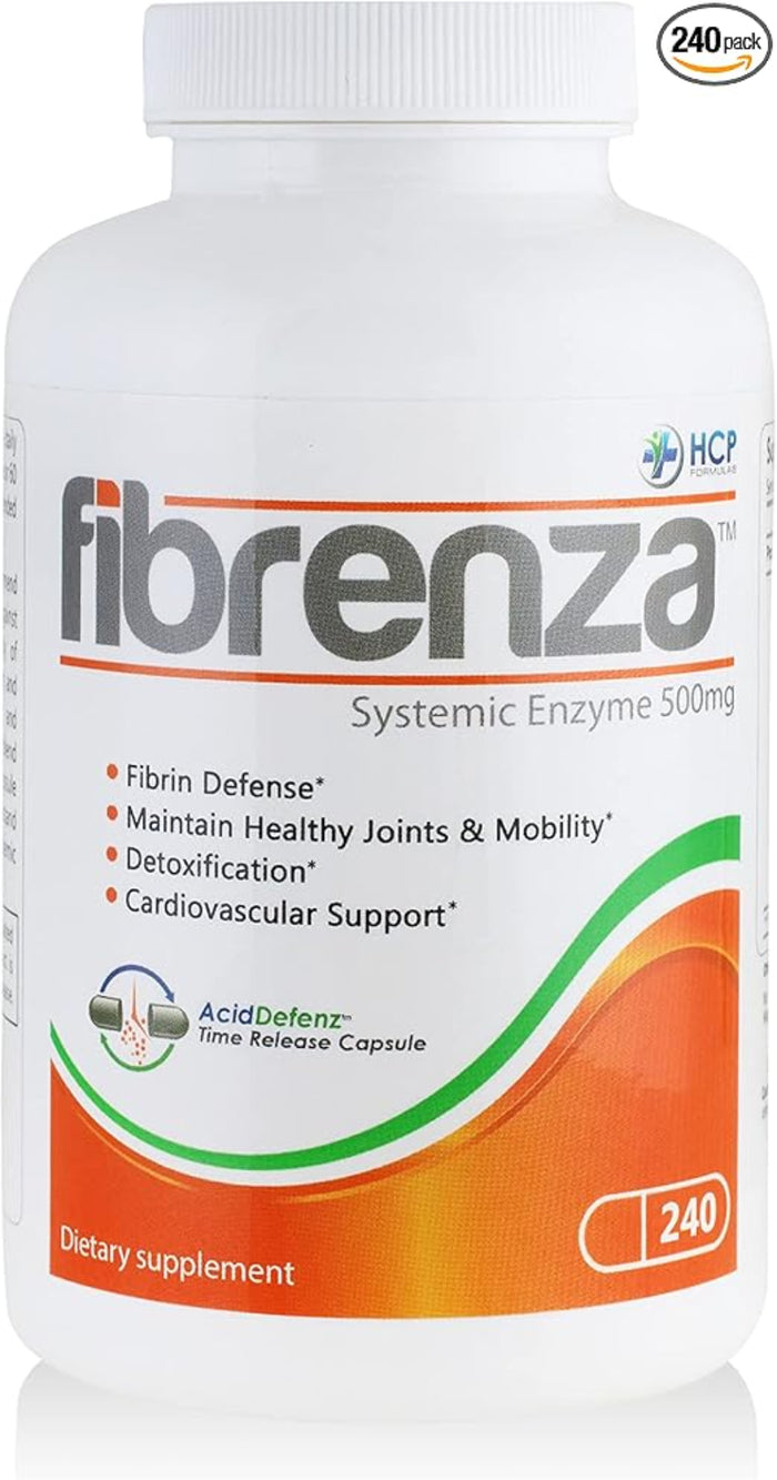 Fibrenza - Anti-inflammatory Enzymes dietary supplement bottle for fibrin defense and mobility support.