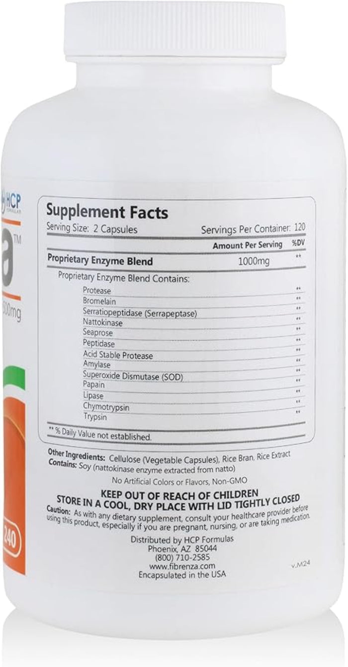 Fibrenza supplement facts showing anti-inflammatory enzymes for digestive and systemic support.