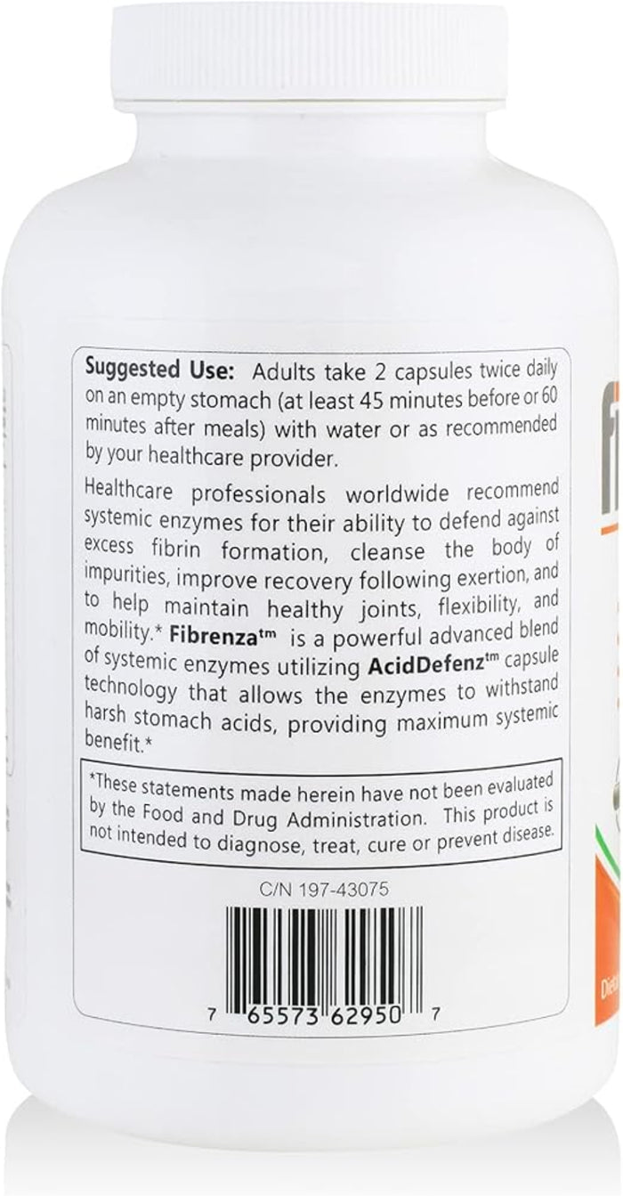 Fibrenza Anti-inflammatory Enzymes supplement bottle showing suggested use and health benefits.