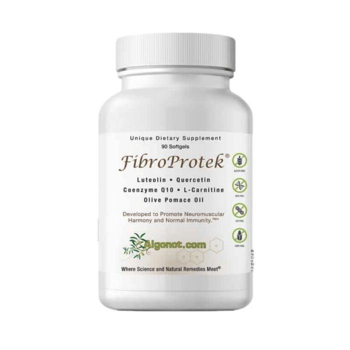 FibroProtek dietary supplement bottle promoting Neuromuscular Support with L-Carnitine and Coenzyme Q10