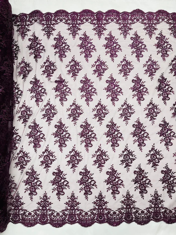 Floral Bridal Lace - Plum - Flower Damask Design Embroidered on Mesh Lace Fabric