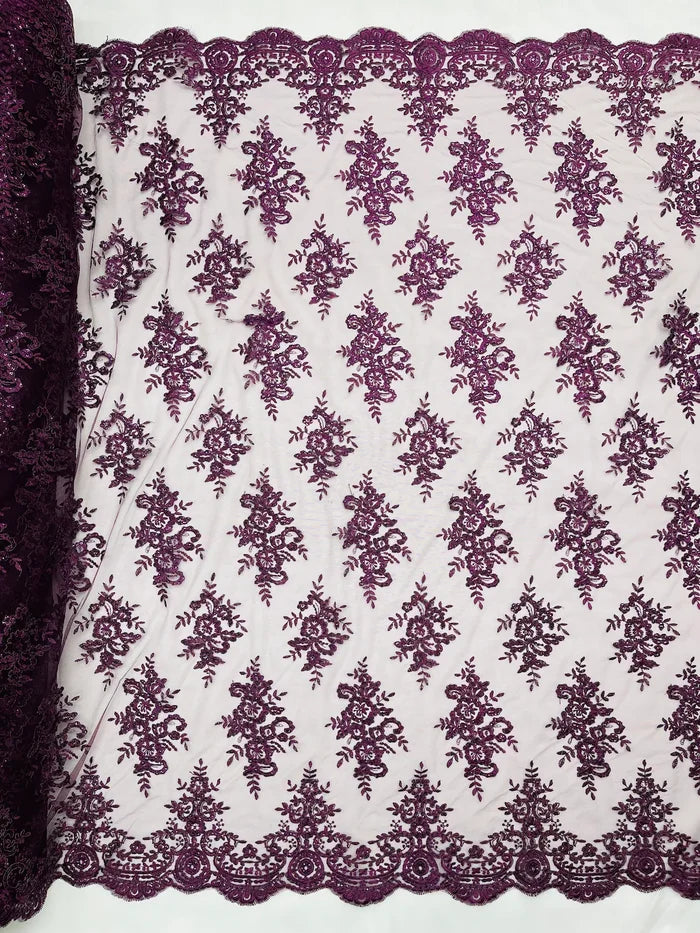 Floral Bridal Lace - Plum - Flower Damask Design Embroidered on Mesh Lace Fabric