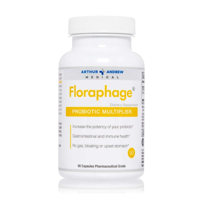 Floraphage - Bacteriophage Prebiotic dietary supplement bottle with 90 capsules for digestive health.