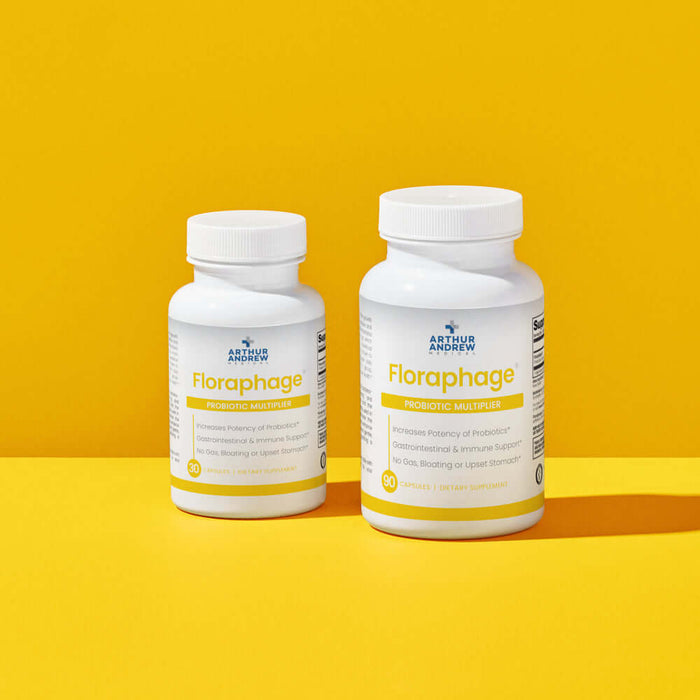 Floraphage - Bacteriophage Prebiotic bottles on a yellow background, a dietary supplement for digestive health.