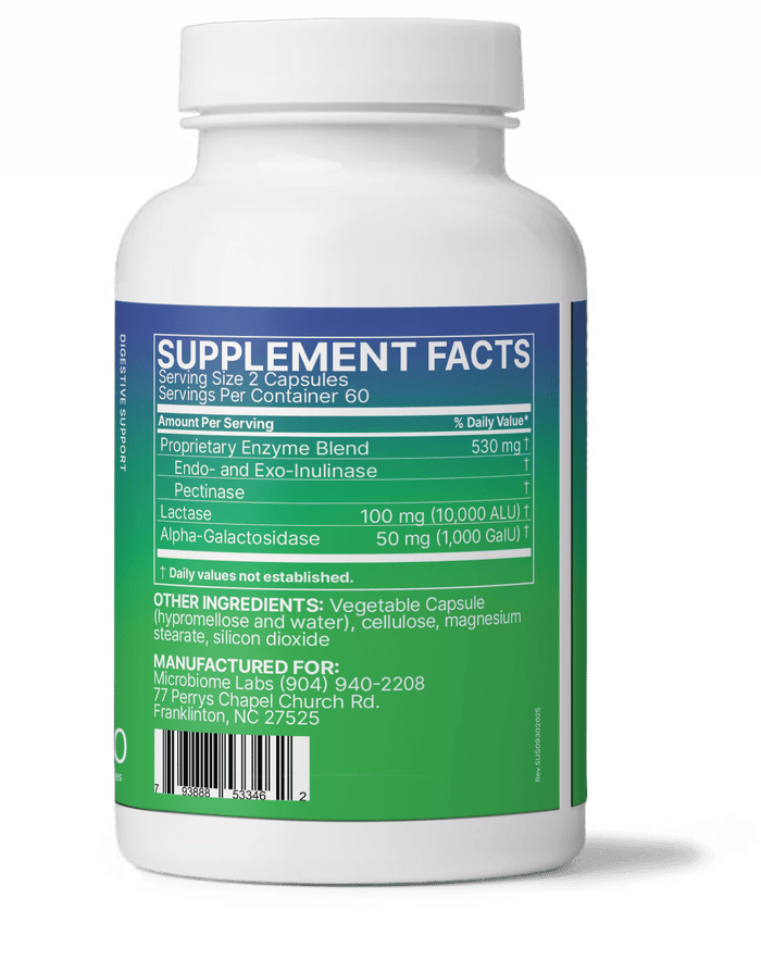 FodMate Carbohydrate Digestive Enzymes supplement facts label highlighting enzyme blend and serving size.