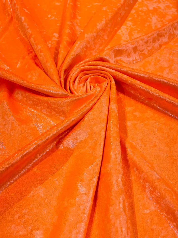 Foggy Foil Velvet Fabric - Neon Orange -  Oil Slick 58/60" Stretch Foil Velvet Black Light Fabric By Yard
