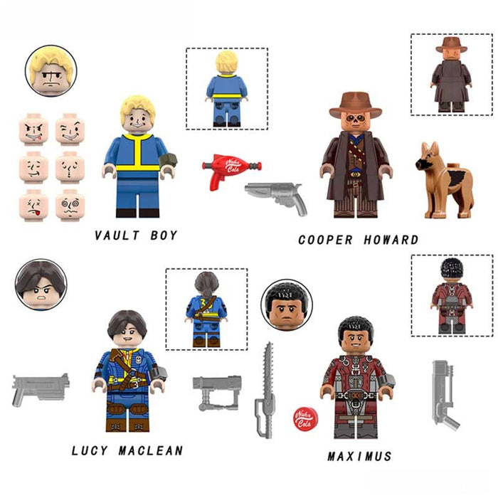 FSet of 4 - Vault Boy, Lucy, Cooper & Maximus (Fallout) - Custom Building Blocks Mini Figures Compatible with Brick Building System