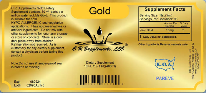 Gold Ionic Liquid Mineral Supplement label showing ingredient facts and usage details.