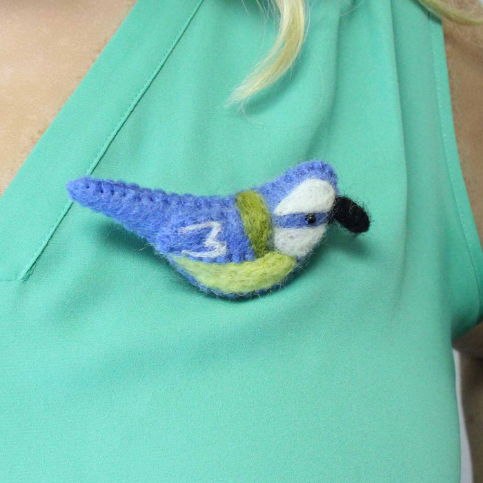 Hand Crafted Felt from Nepal: Bird Brooch, Blue and Yellow - Global Groove (J) - TheHomeToGo
