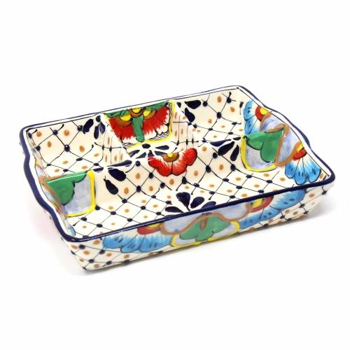 Handmade Pottery 9" Divided Platter, Dots & Flowers - Encantada - TheHomeToGo